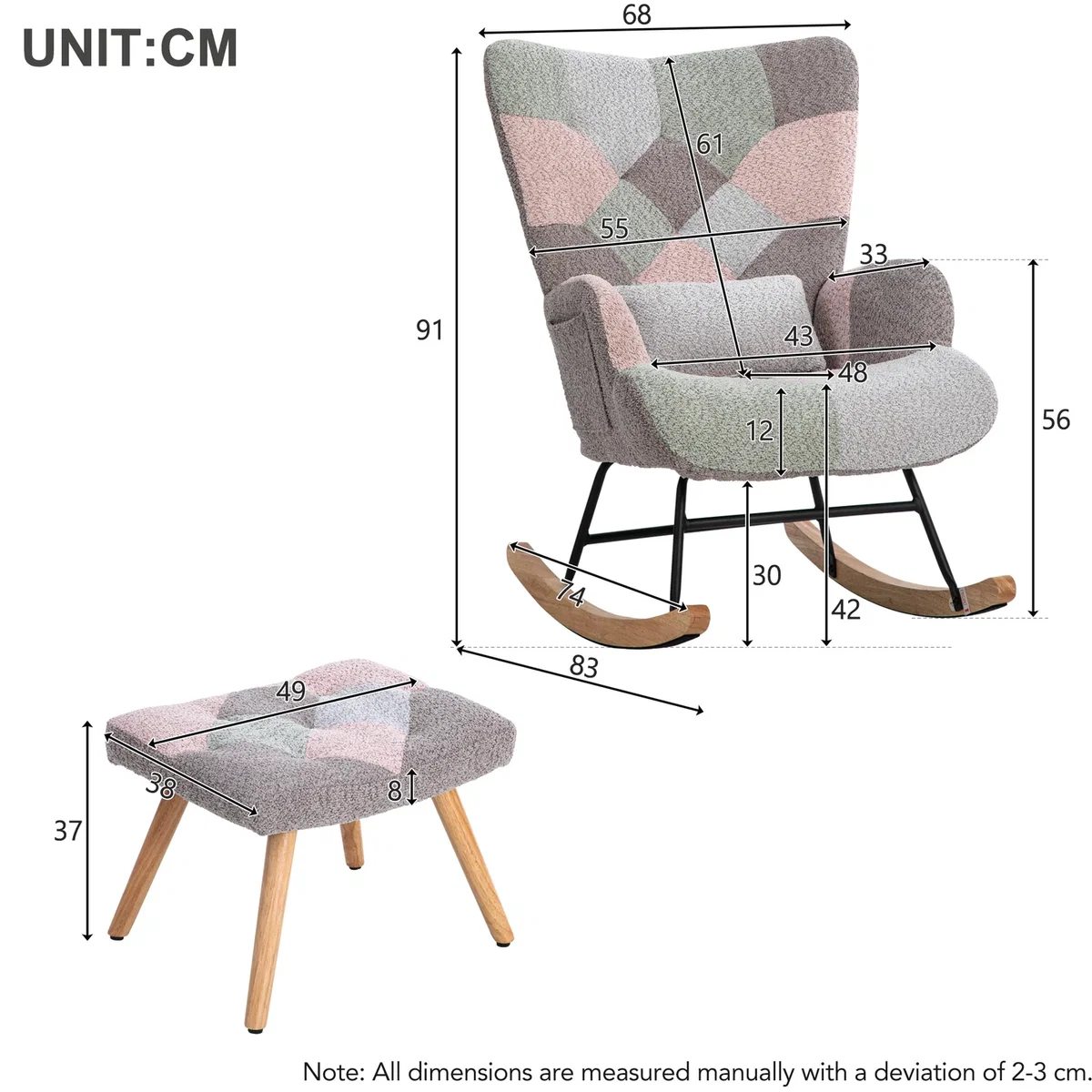 Rocking Chair with Ottoman, Pillow and Solid Wood Legs, Multicolour - Multicolour – image 4