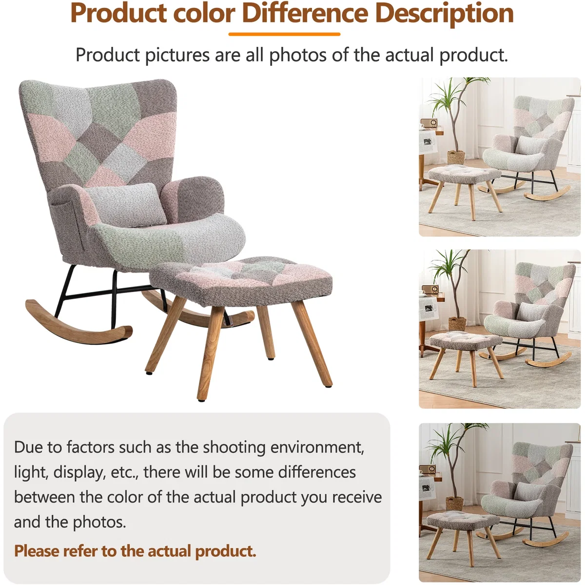 Rocking Chair with Ottoman, Pillow and Solid Wood Legs, Multicolour - Multicolour – image 5