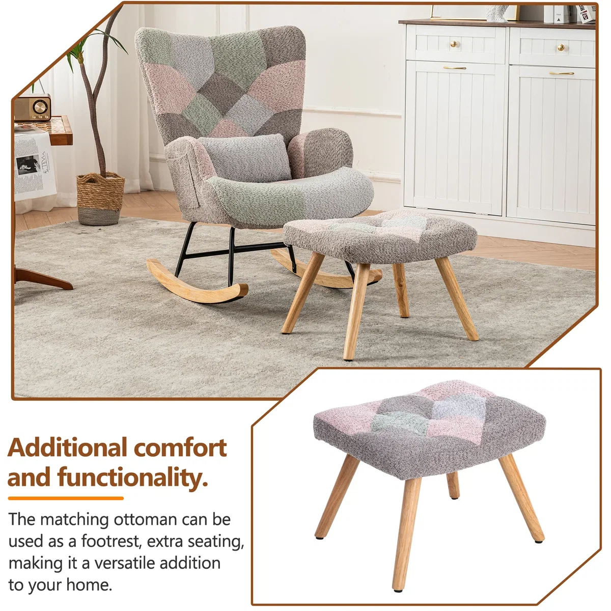 Rocking Chair with Ottoman, Pillow and Solid Wood Legs, Multicolour - Multicolour – image 6