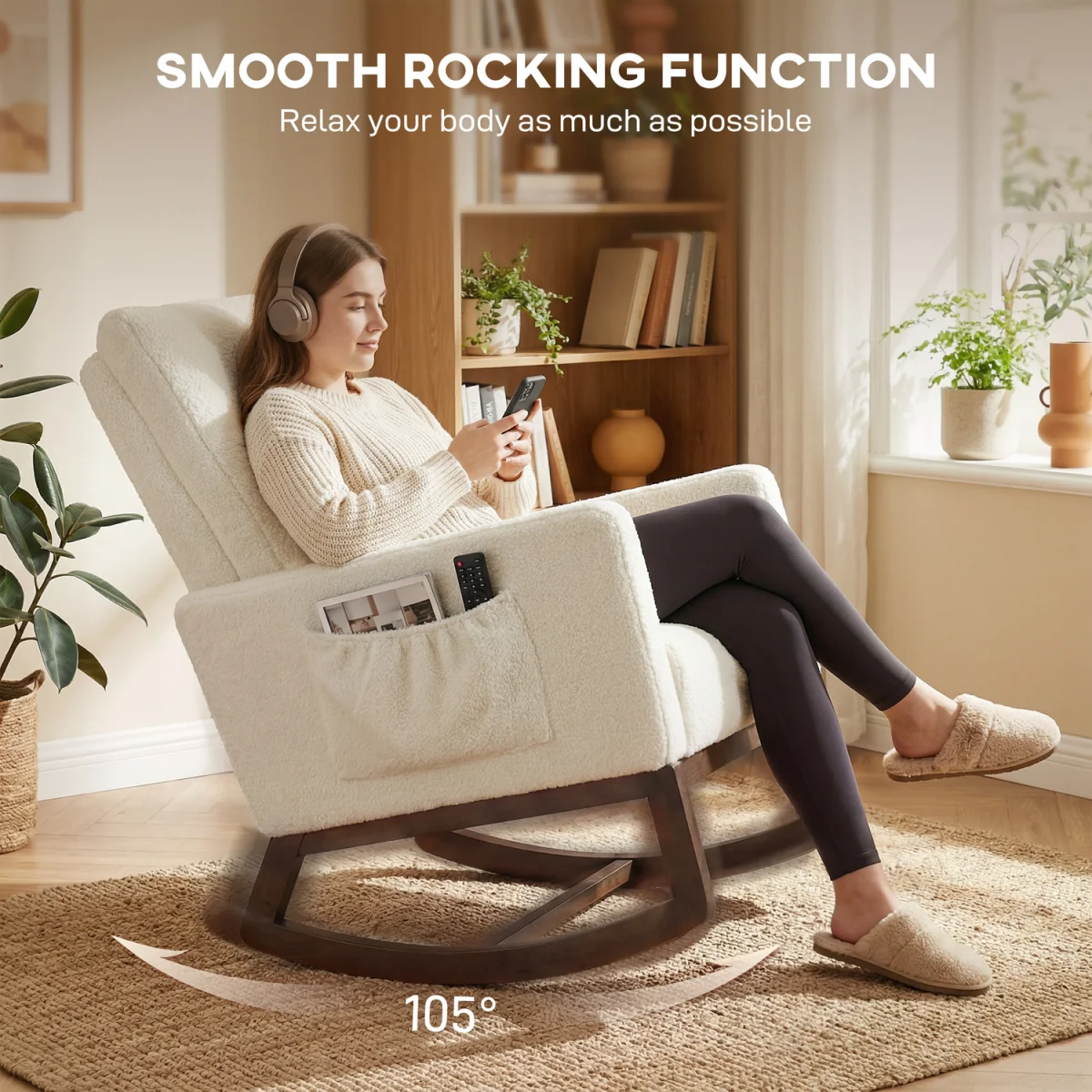 HOMCOM Rocking Chair for Adults, Lounge Rocker w/ Lumbar Pillow, Cream White - Cream – image 3