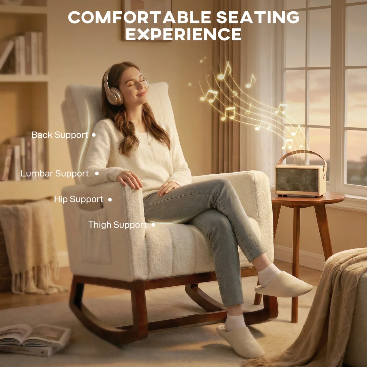 HOMCOM Rocking Chair for Adults, Lounge Rocker w/ Lumbar Pillow, Cream White - Cream – image 4