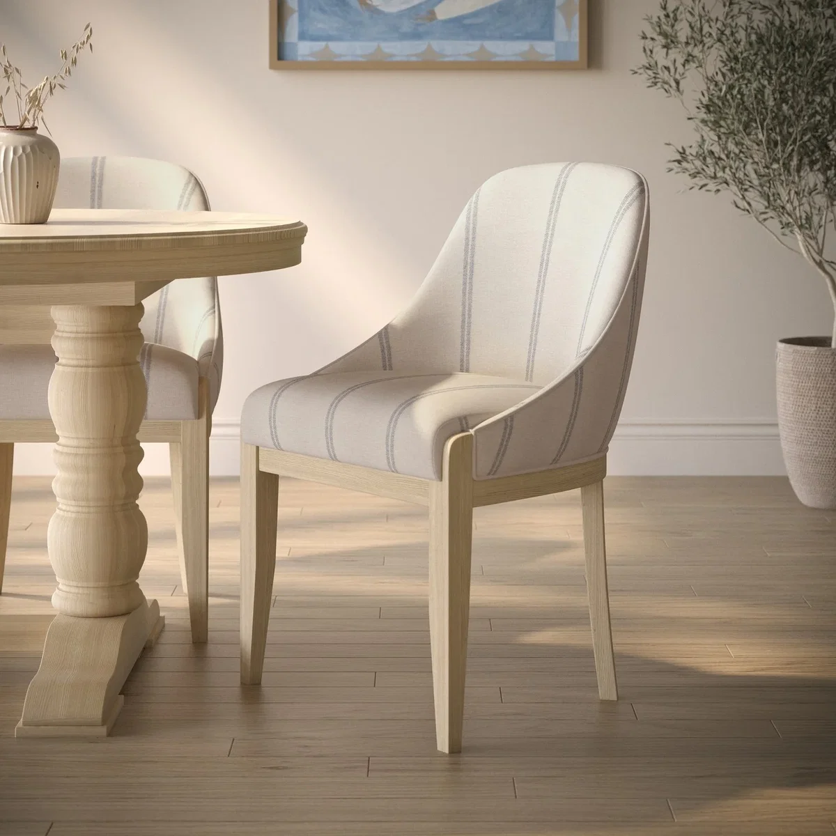 Beige and Blue Striped Upholstered Dining Chair with Solid Wood Legs - Madeline – image 1