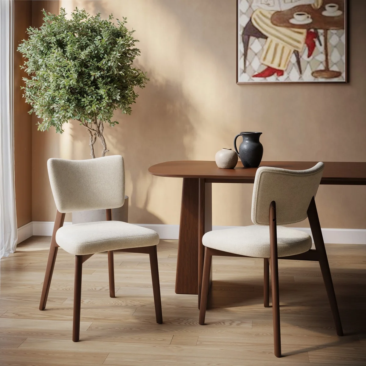 Set of 2 Beige Upholstered Dining Chairs with Walnut Legs - Greta – image 1