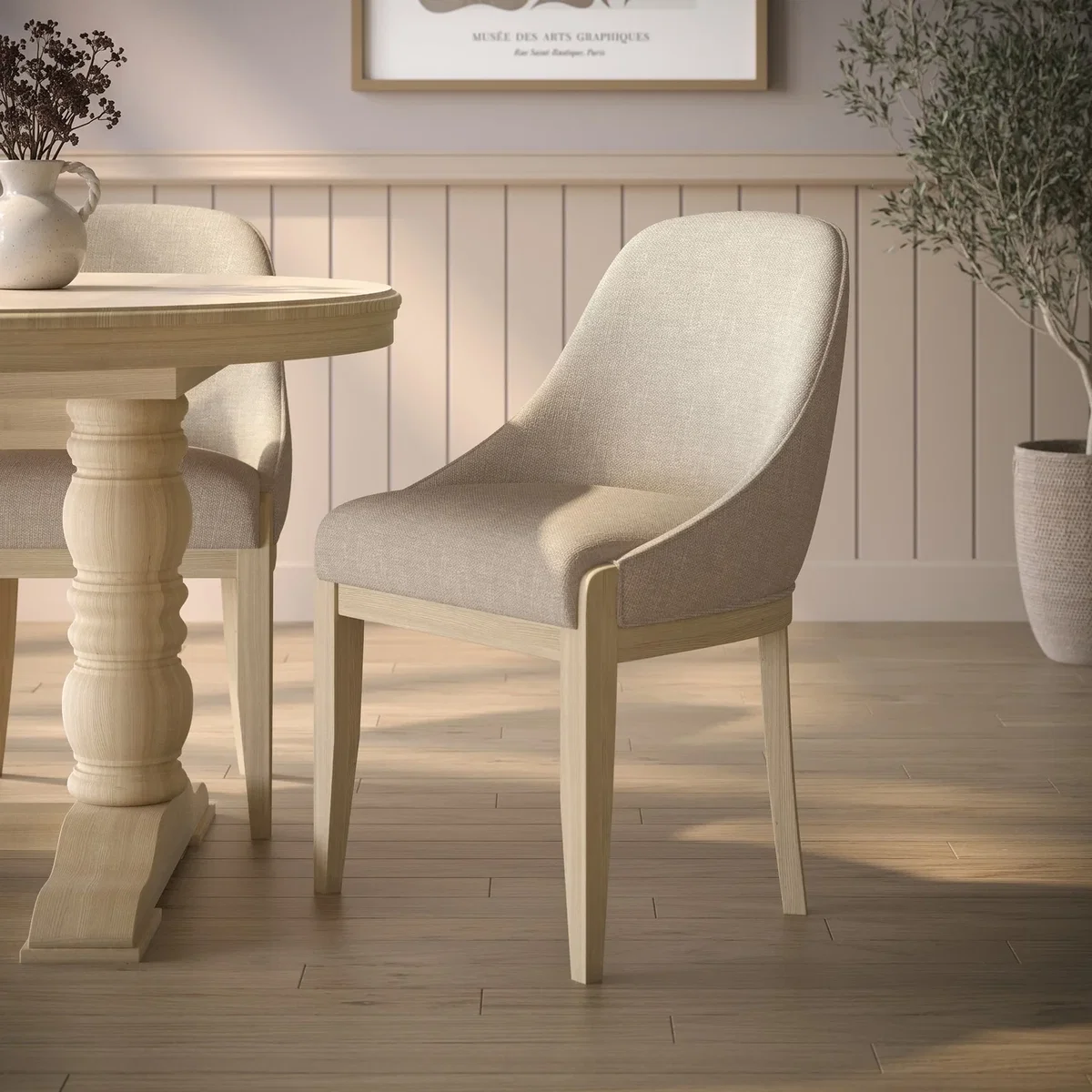 Beige Upholstered Dining Chair with Solid Wood Legs - Madeline – image 1
