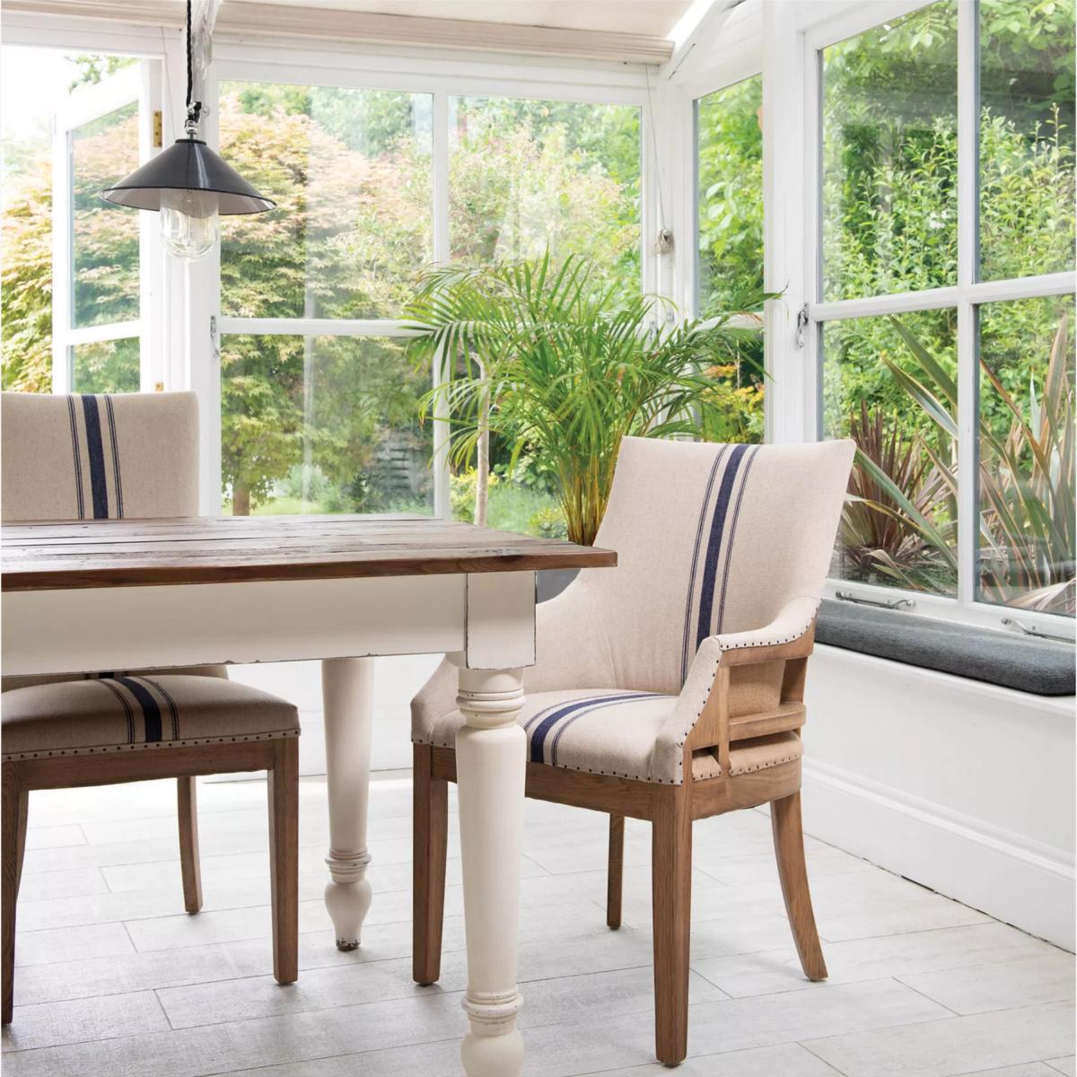One.World St James Linen & Oak Wood Striped Carver Dining Chair, Beige/Neutral – image 1