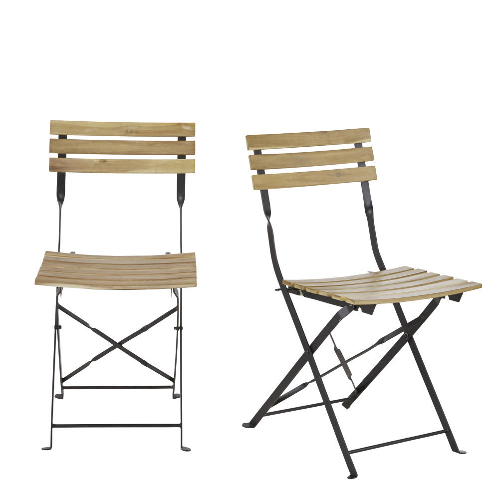 Professional Black Metal and Acacia Folding Chairs (x2) – image 3