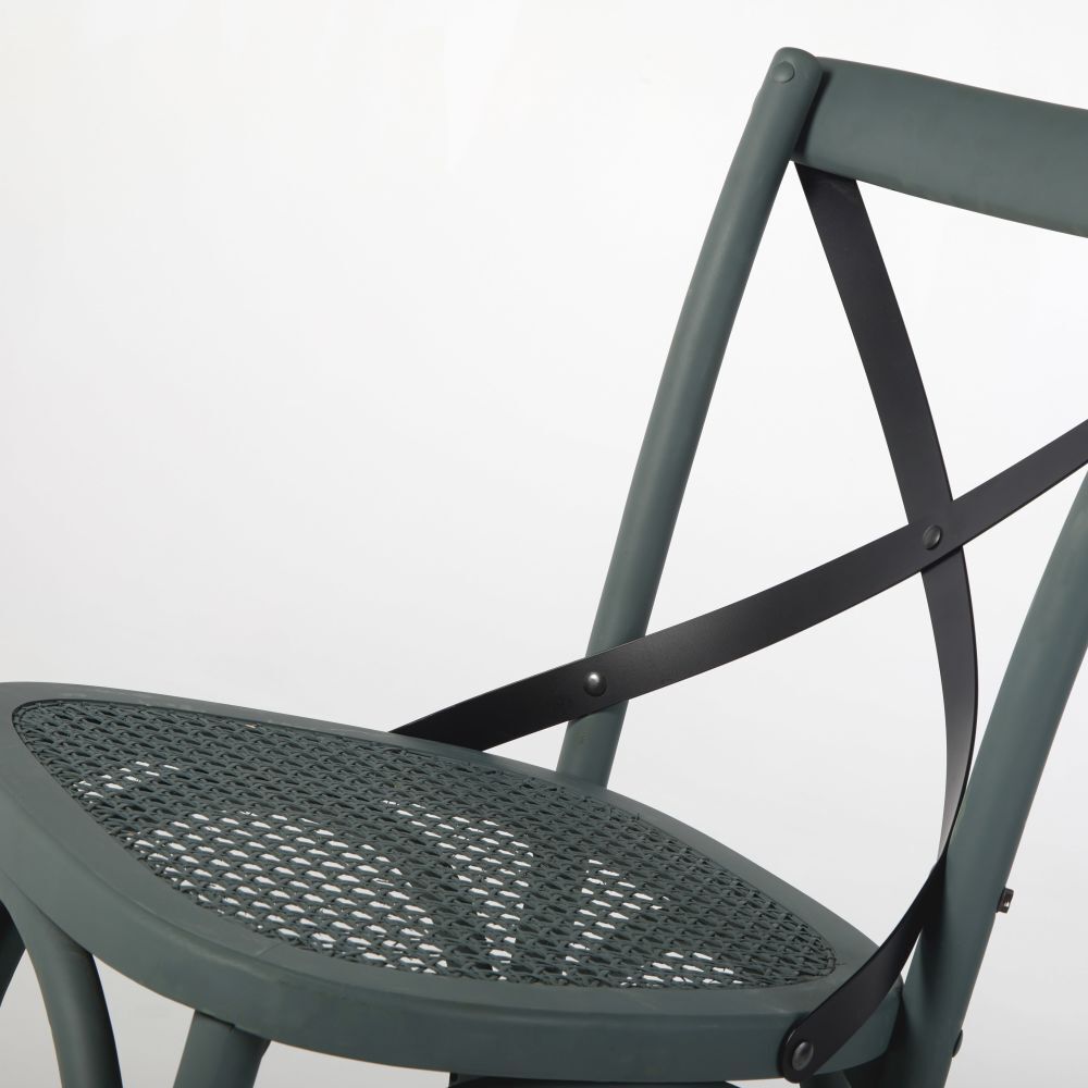 Cross back chair in rattan, matte dark green birch and black metal – image 4