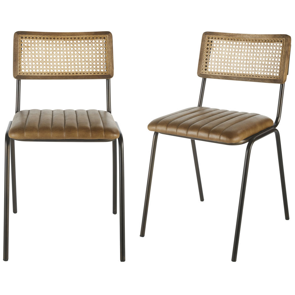Professional Brown Buffalo Hide, Rattan Canework and Black Metal Chairs (x2) – image 5