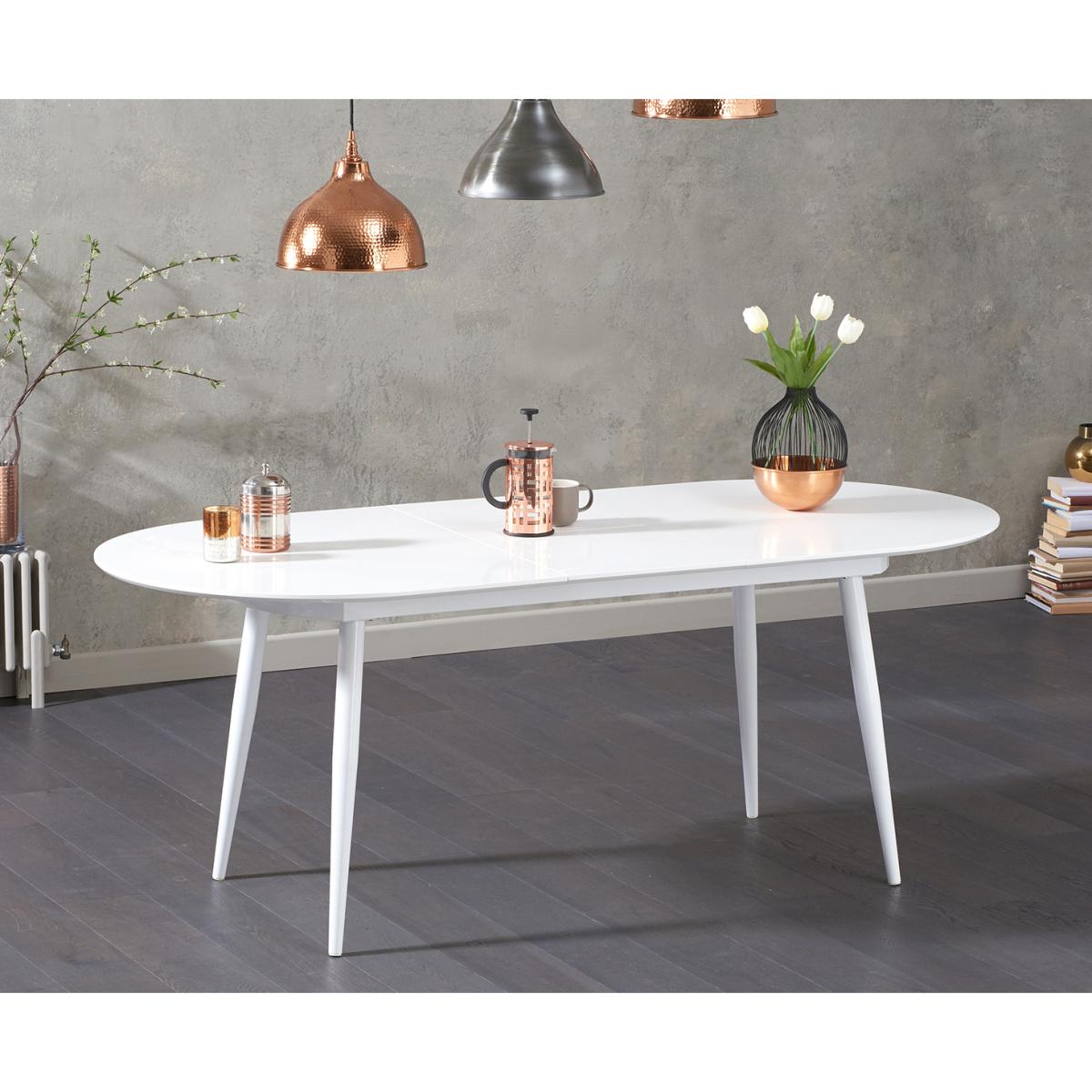 Olivia Extending White High Gloss Dining Table with 4 Oscar Fabric Round Leg Chairs – image 3