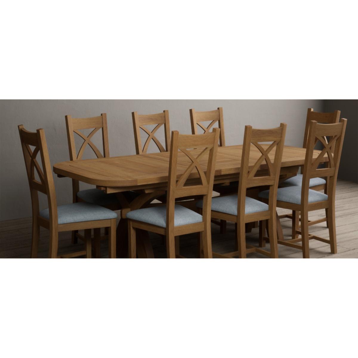 Natural Solid Oak X Back Dining Chairs with Sky Blue Fabric Seat Pad – image 7