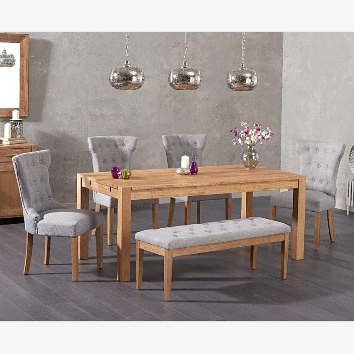 Ex-display Verona 150cm Solid Oak Dining Table with 2 CREAM Camille Fabric Chairs and 1 Camille CREAM Fabric Bench