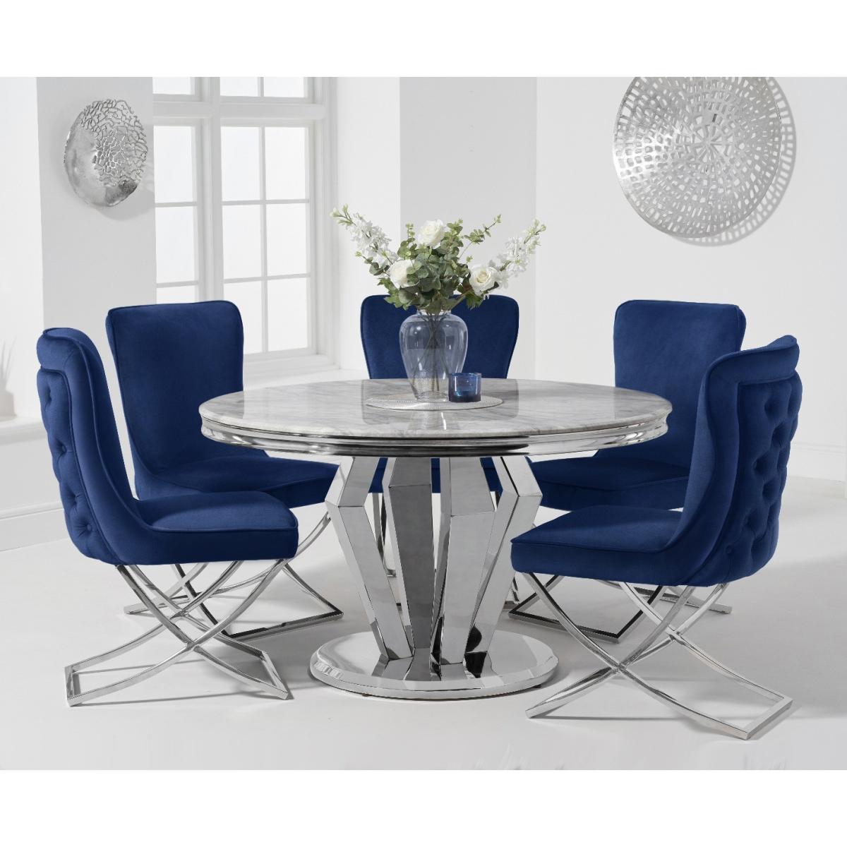 Viscount 130cm Round Marble Dining Table with Giovanni Velvet Chairs - Blue, 4 Chairs – image 1