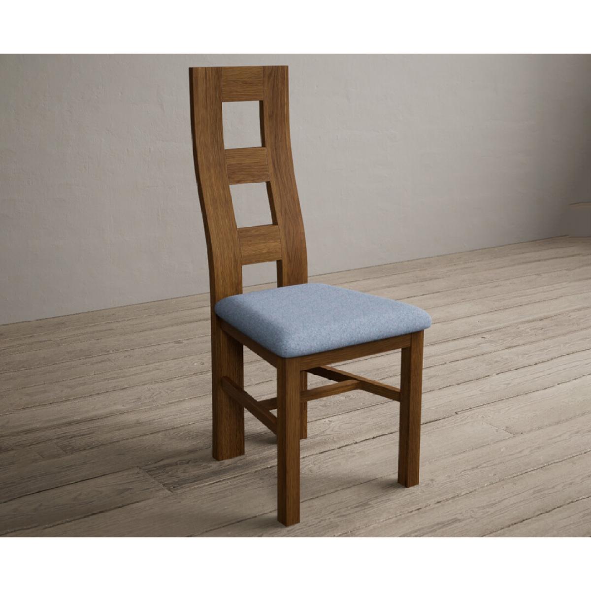Rustic Solid Oak Flow Back Dining Chairs with Sky Blue Fabric Seat Pad – image 3