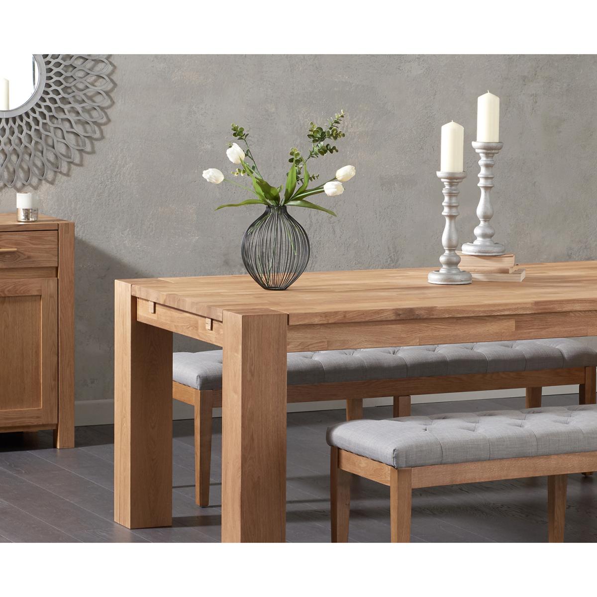 Madrid 200cm Solid Oak Dining Table with Camille Grey Fabric Benches – image 2