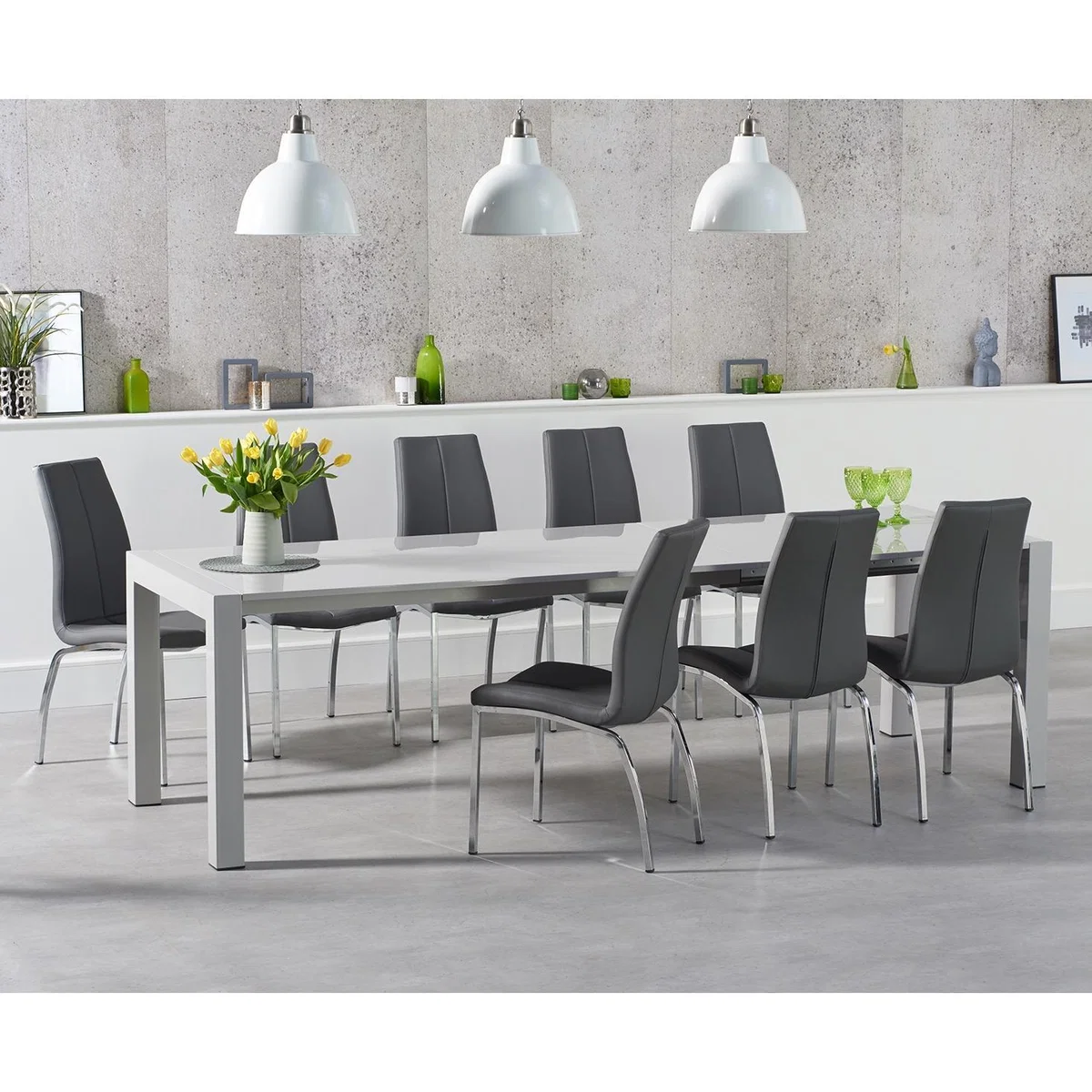 Joseph Extending Light Grey High Gloss Dining Table with Cavello Chairs