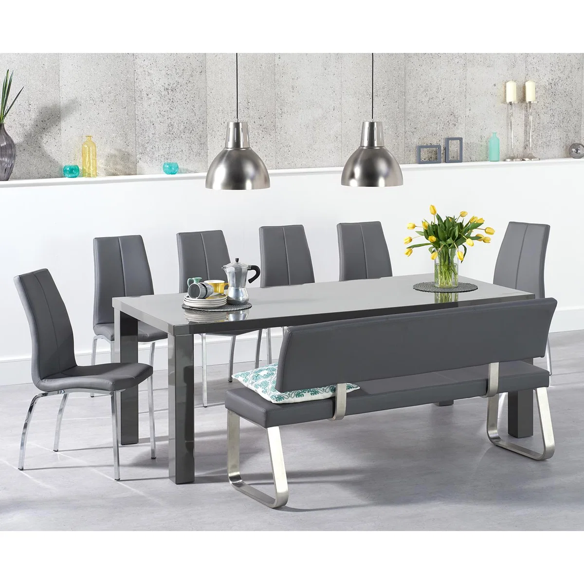 Atlanta 200cm Dark Grey High Gloss Dining Table with Cavello Chairs and Malaga Large Grey Bench - Cream, 2 Chairs – image 1