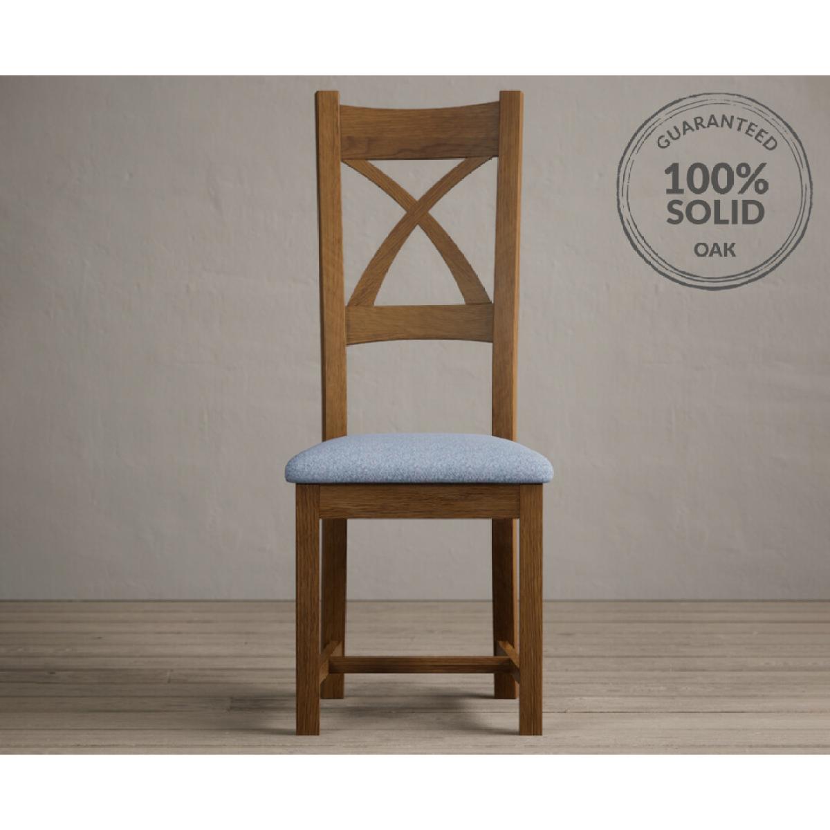 Rustic Solid Oak X Back Dining Chairs with Sky Blue Fabric Seat Pad – image 2