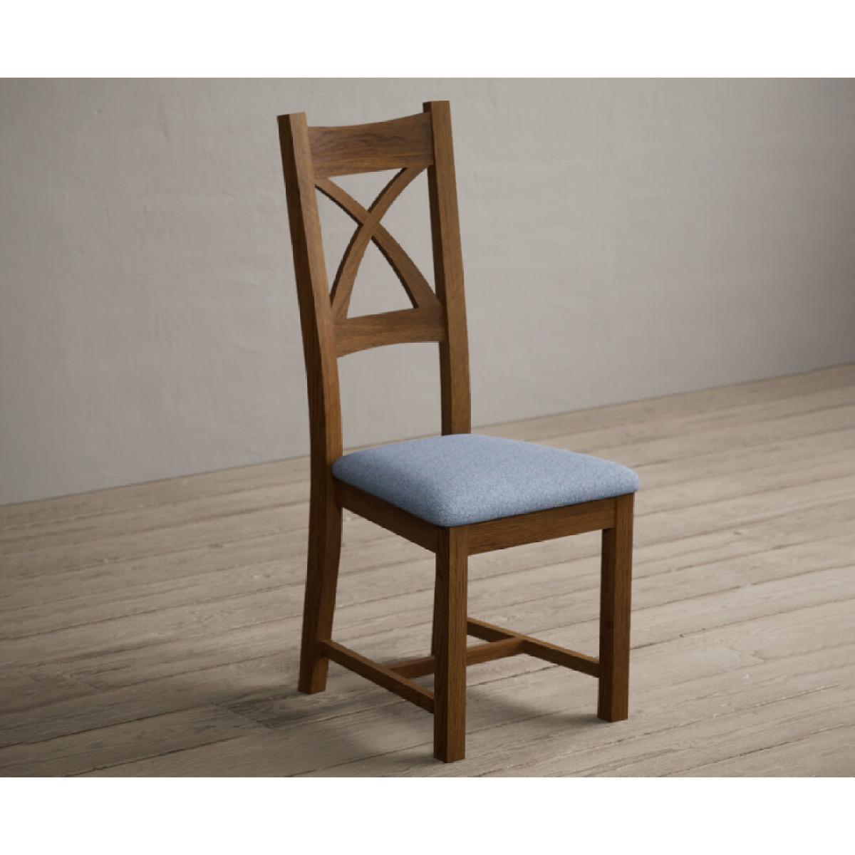 Rustic Solid Oak X Back Dining Chairs with Sky Blue Fabric Seat Pad – image 3