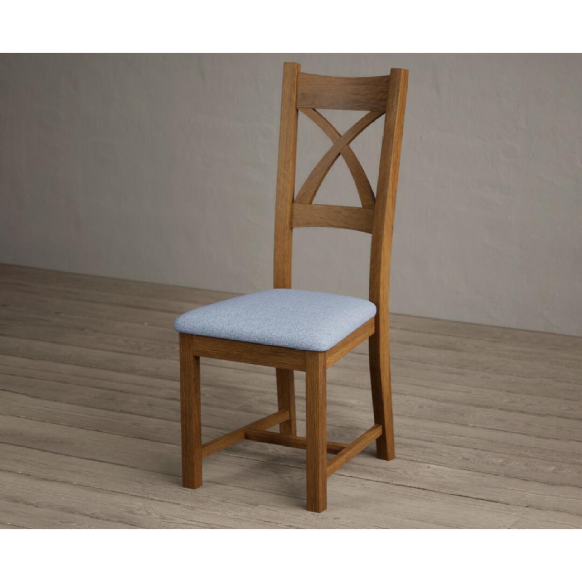 Rustic Solid Oak X Back Dining Chairs with Sky Blue Fabric Seat Pad – image 4