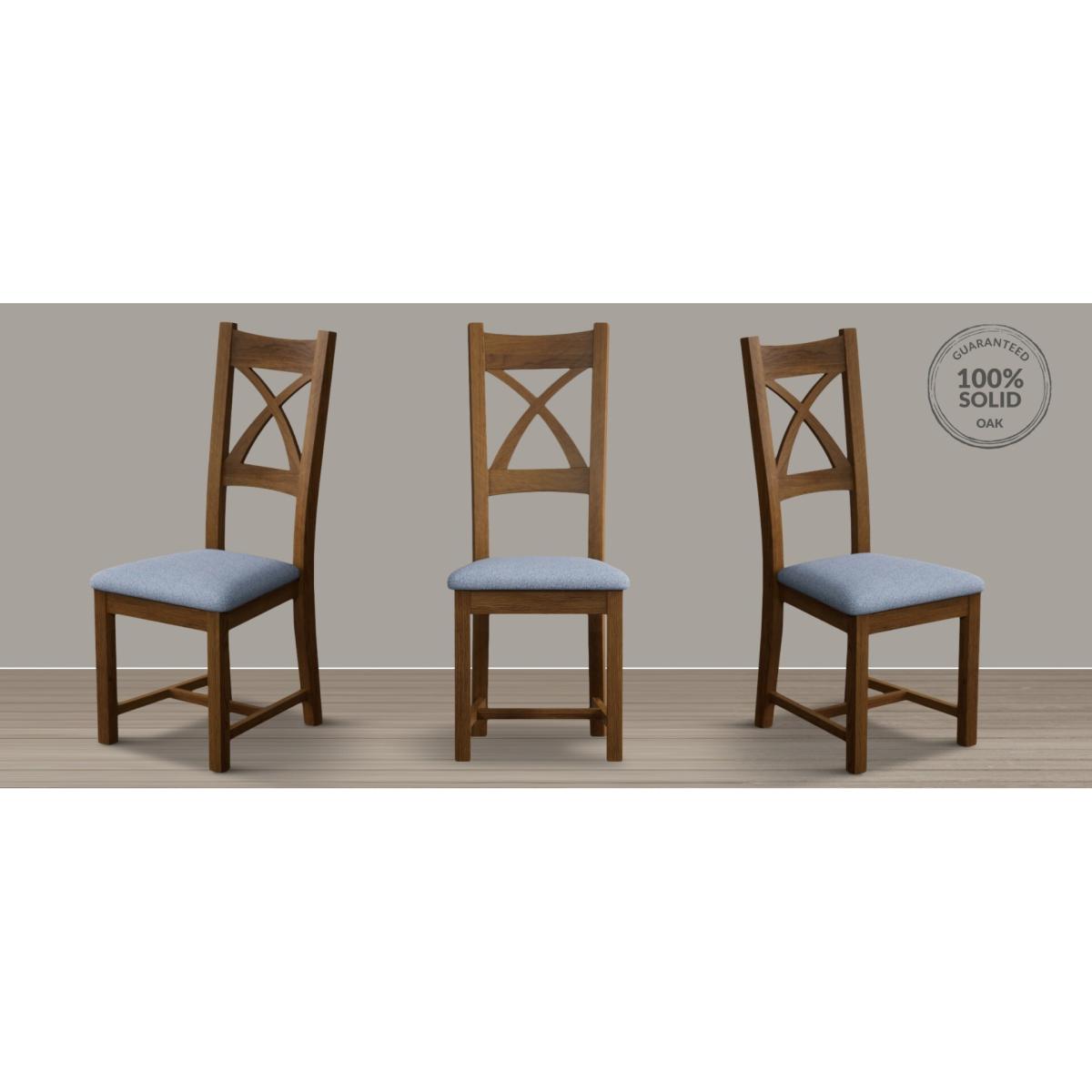 Rustic Solid Oak X Back Dining Chairs with Sky Blue Fabric Seat Pad – image 7