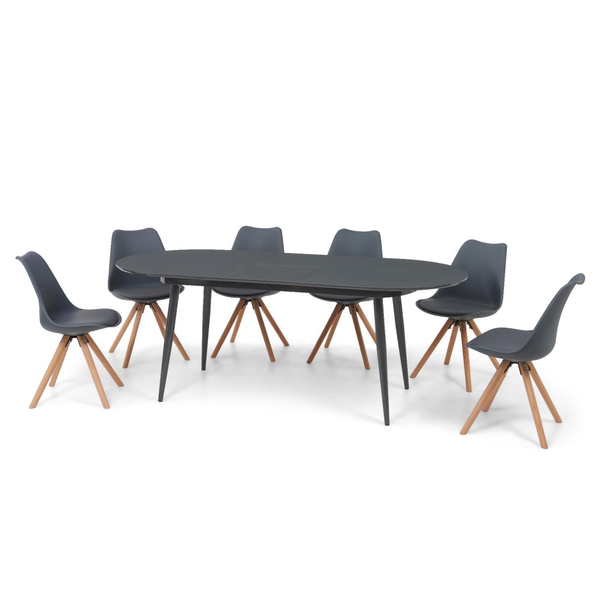 Olivia Extending Dark Grey High Gloss Dining Table with Oscar Faux Leather Round Leg Chairs – image 12