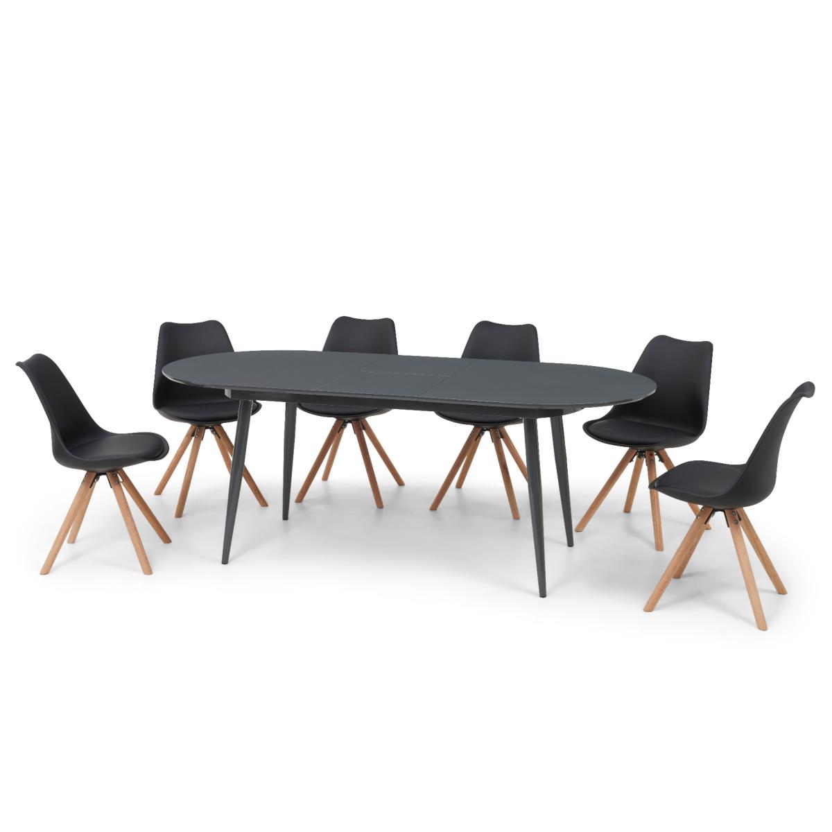 Olivia Extending Dark Grey High Gloss Dining Table with Oscar Faux Leather Round Leg Chairs – image 14