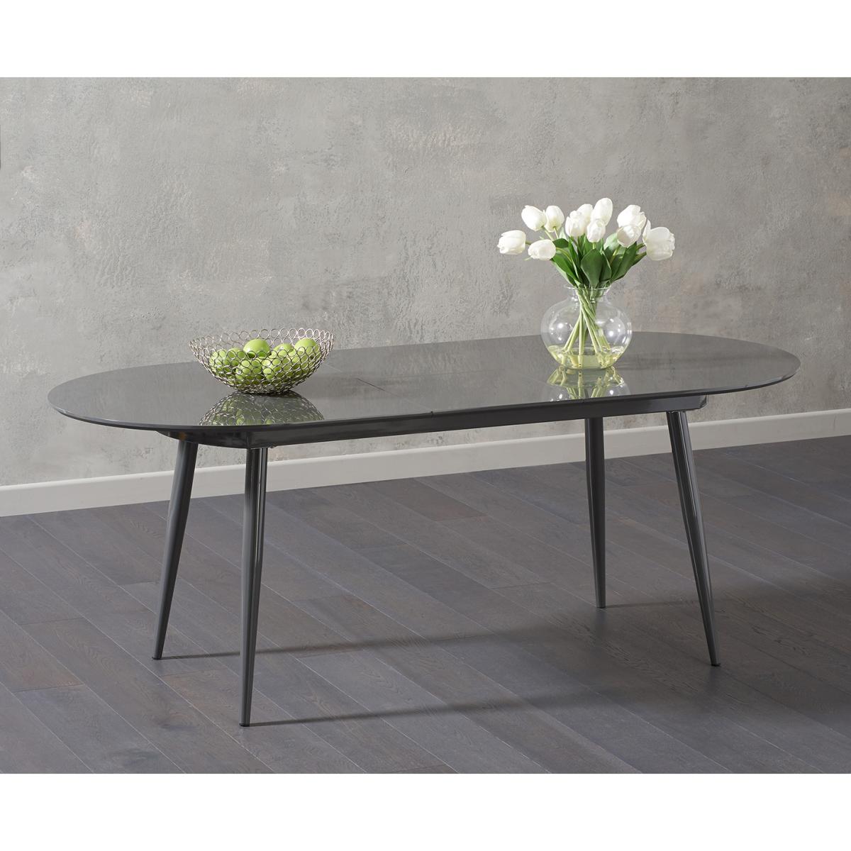 Olivia Extending Dark Grey High Gloss Dining Table with Oscar Faux Leather Round Leg Chairs – image 3