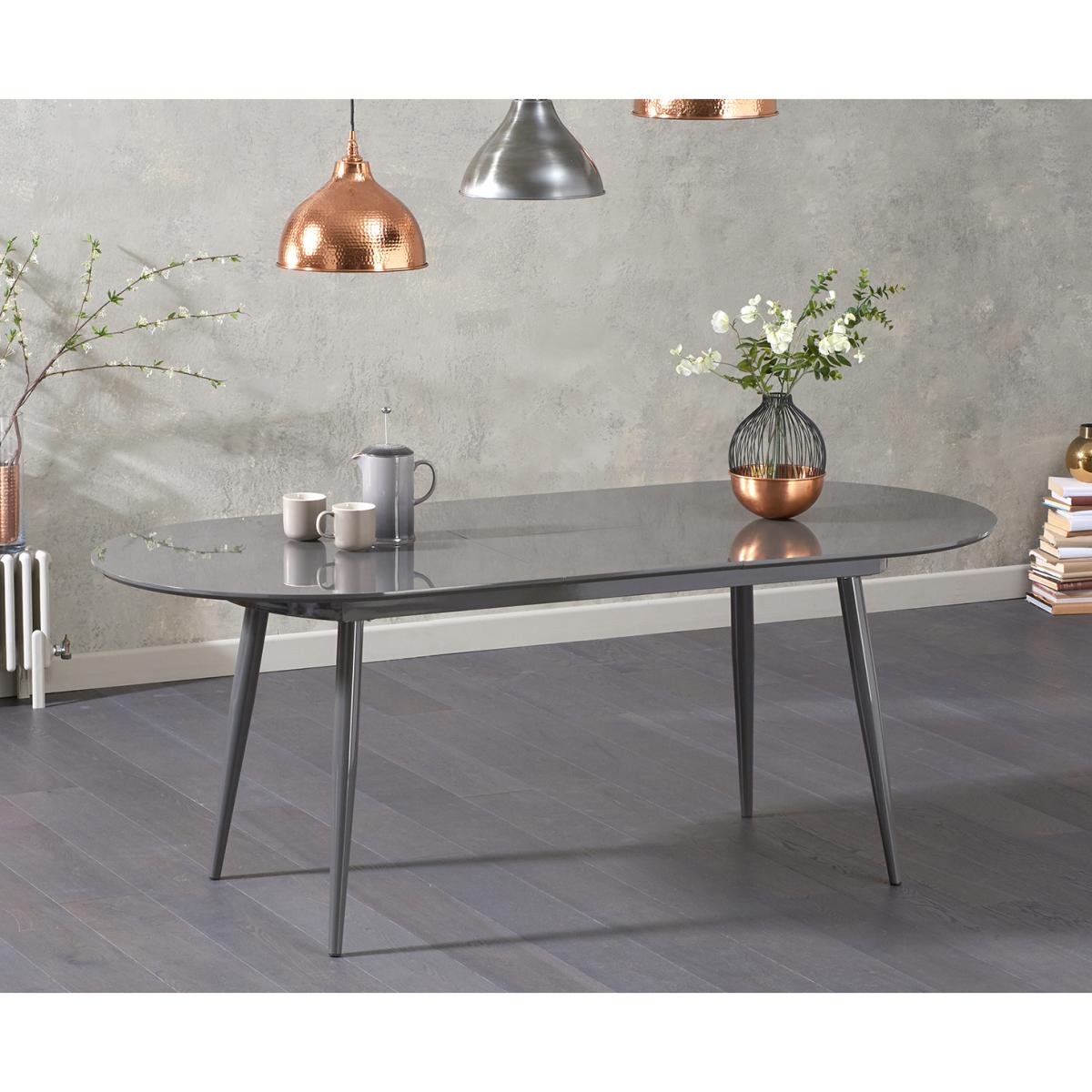 Olivia Extending Dark Grey High Gloss Dining Table with Oscar Faux Leather Round Leg Chairs – image 4