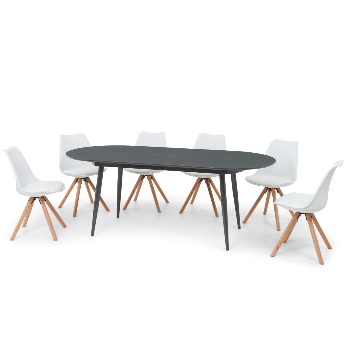 Olivia Extending Dark Grey High Gloss Dining Table with Oscar Faux Leather Round Leg Chairs – image 10