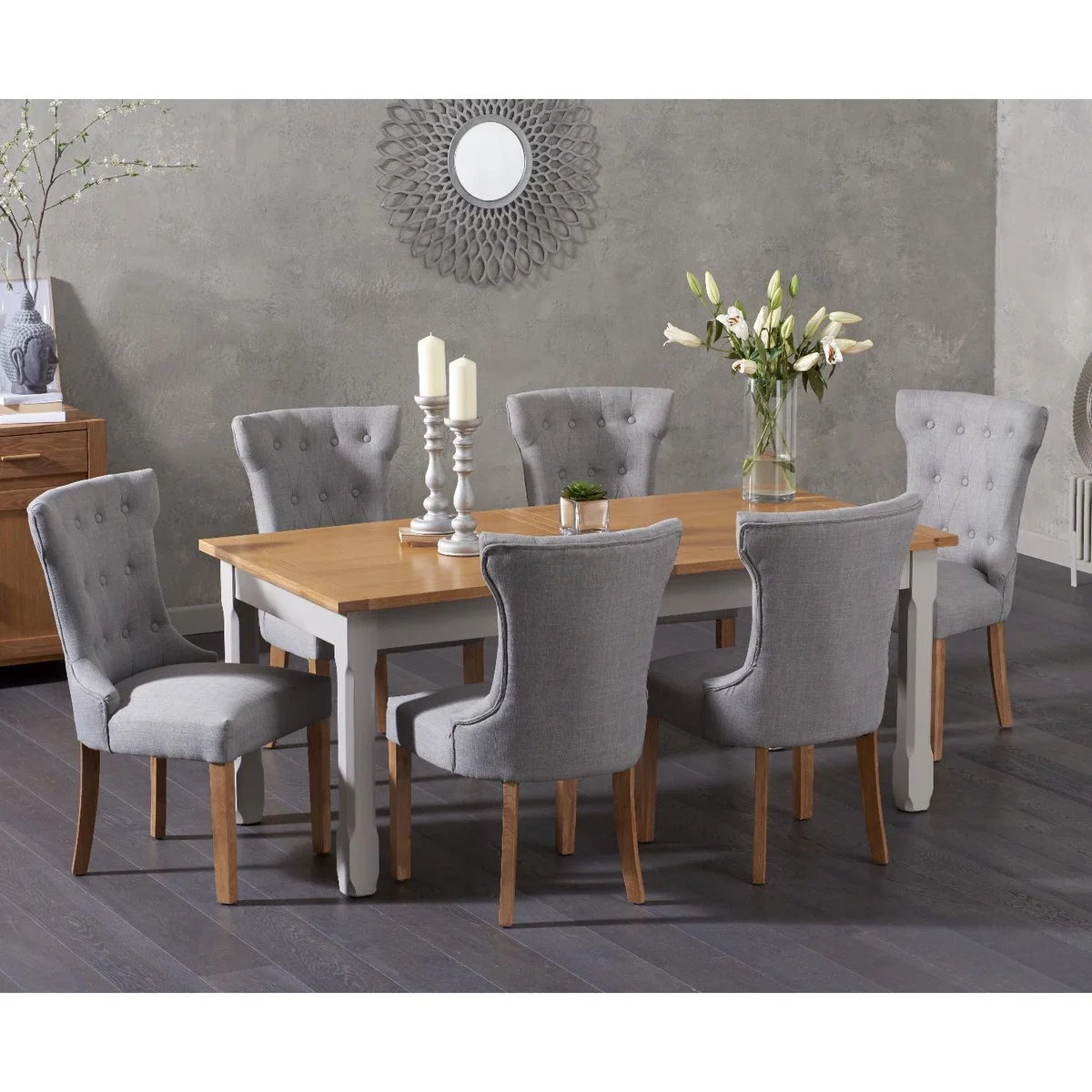 Somerset 180cm Oak and Grey Extending Dining Table with Camille Grey Fabric Chairs – image 1