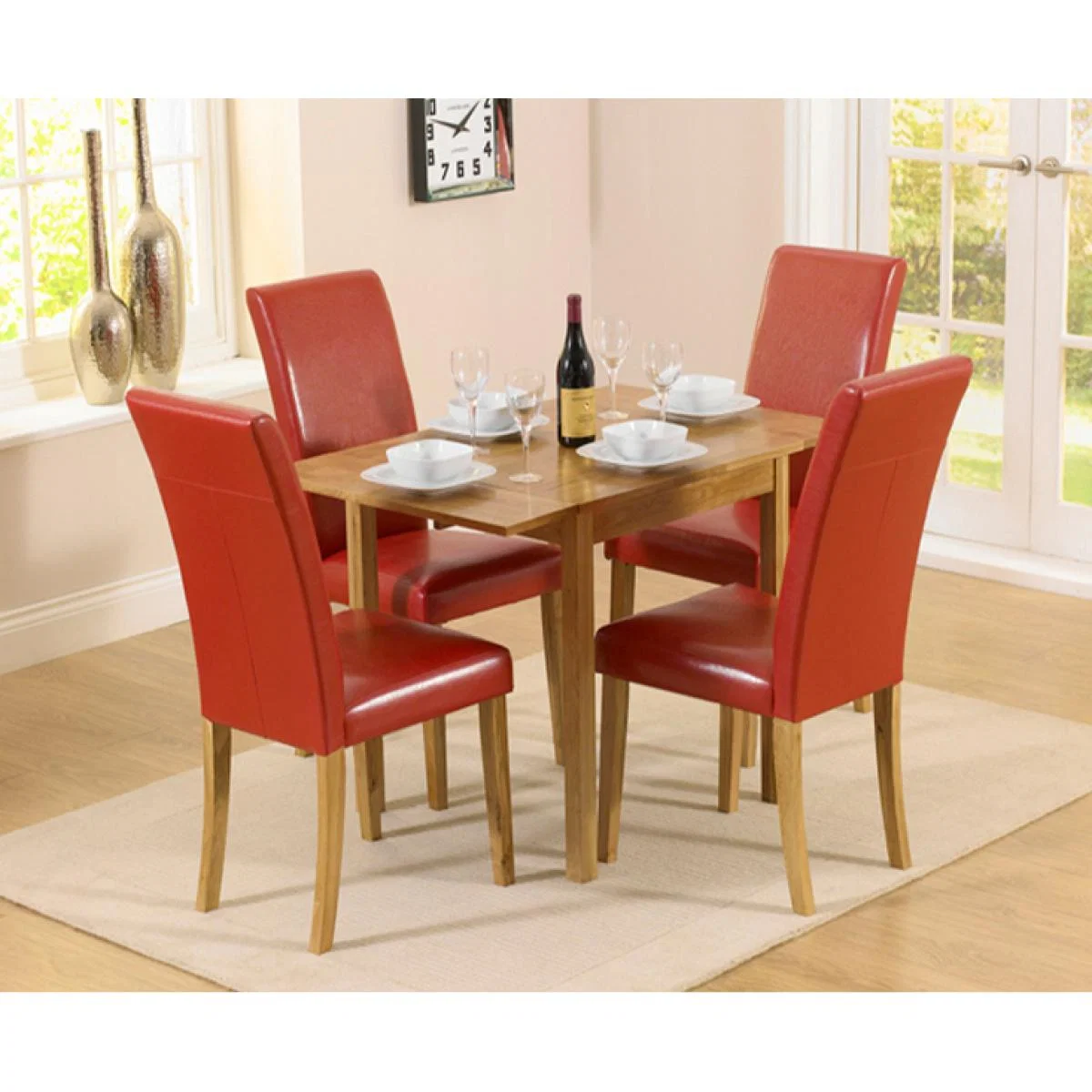 Oxford 70cm Solid Oak Extending Dining Table with Albany Red Chairs - Red, 2 Chairs – image 1
