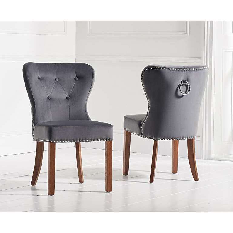 Knightsbridge Studded Grey Velvet Dark Oak Leg Dining Chairs – image 3