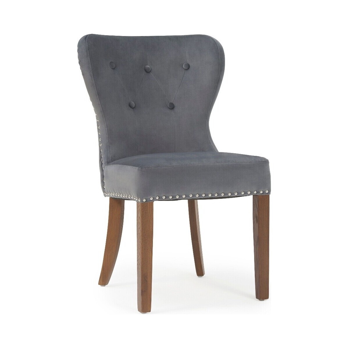 Knightsbridge Studded Grey Velvet Dark Oak Leg Dining Chairs – image 1