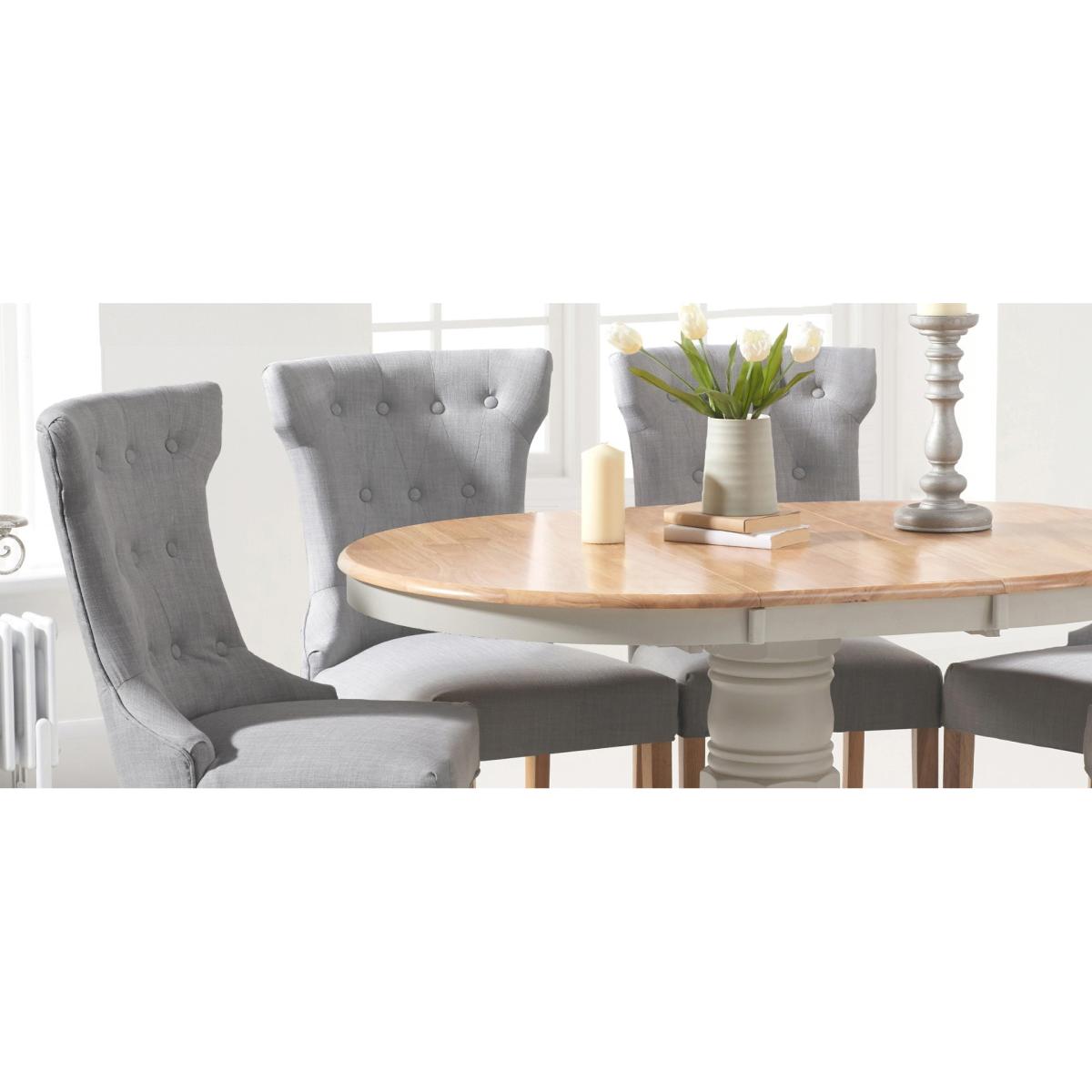 Epsom Oak and Grey Pedestal Extending Table with Camille Chairs - Grey, 4 Chairs – image 5