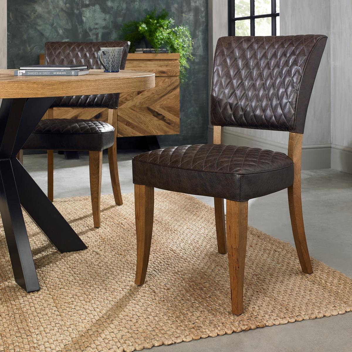 Winnipeg Rustic Oak Dining Chair Pair With Diamond Stitched Seat/Back - Dark Grey Fabric – image 2