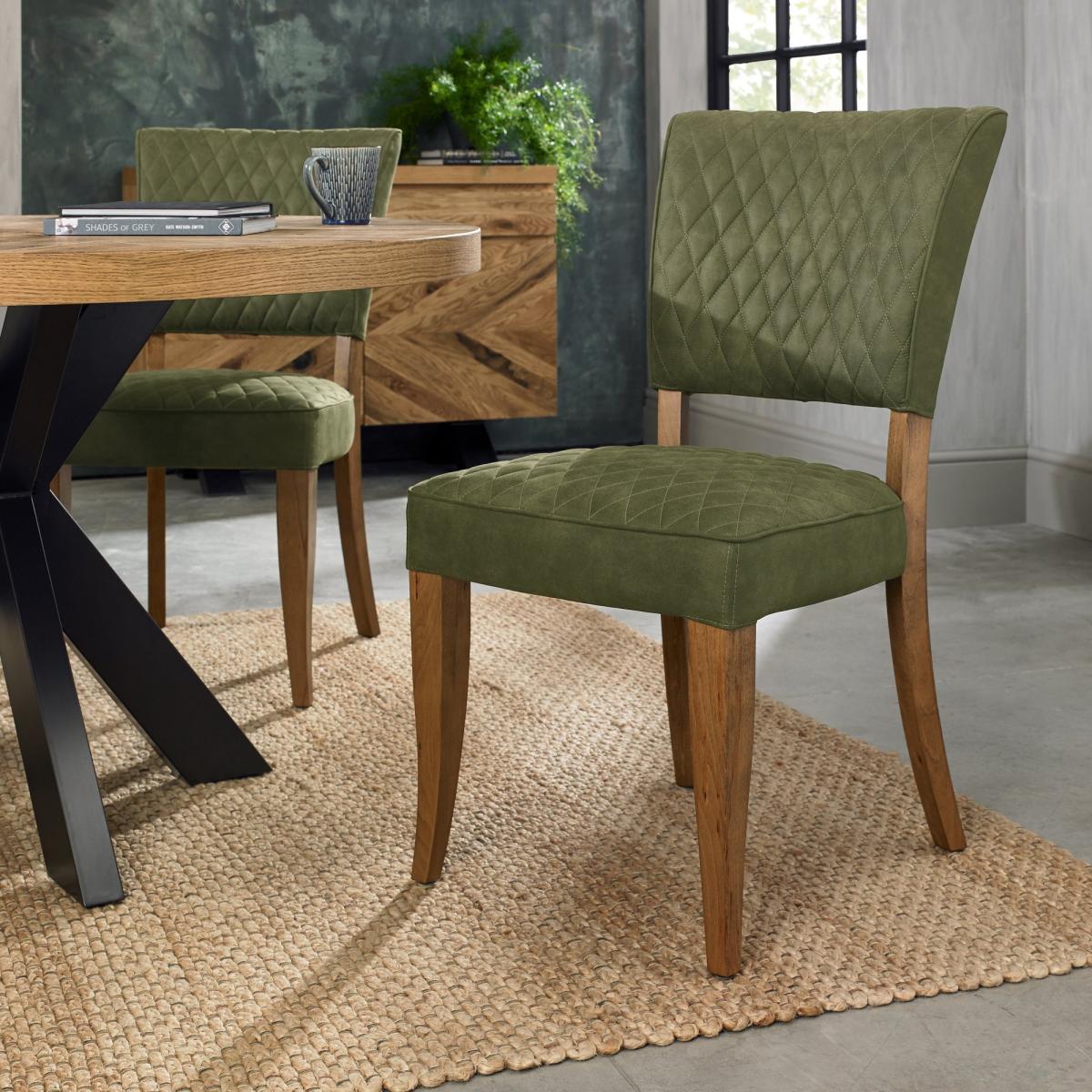 Winnipeg Rustic Oak Dining Chair Pair With Diamond Stitched Seat/Back - Dark Grey Fabric – image 5