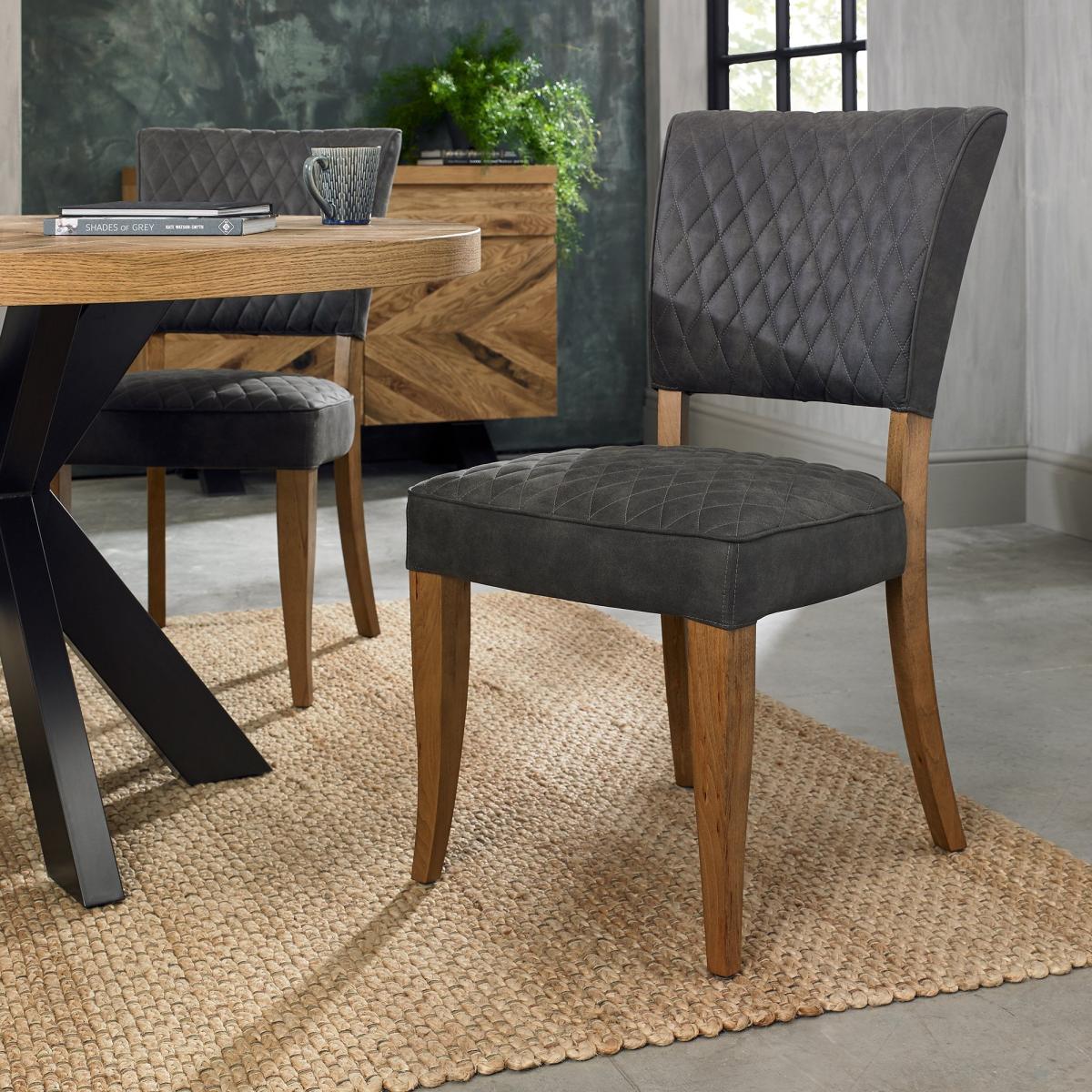 Winnipeg Rustic Oak Dining Chair Pair With Diamond Stitched Seat/Back - Dark Grey Fabric – image 1