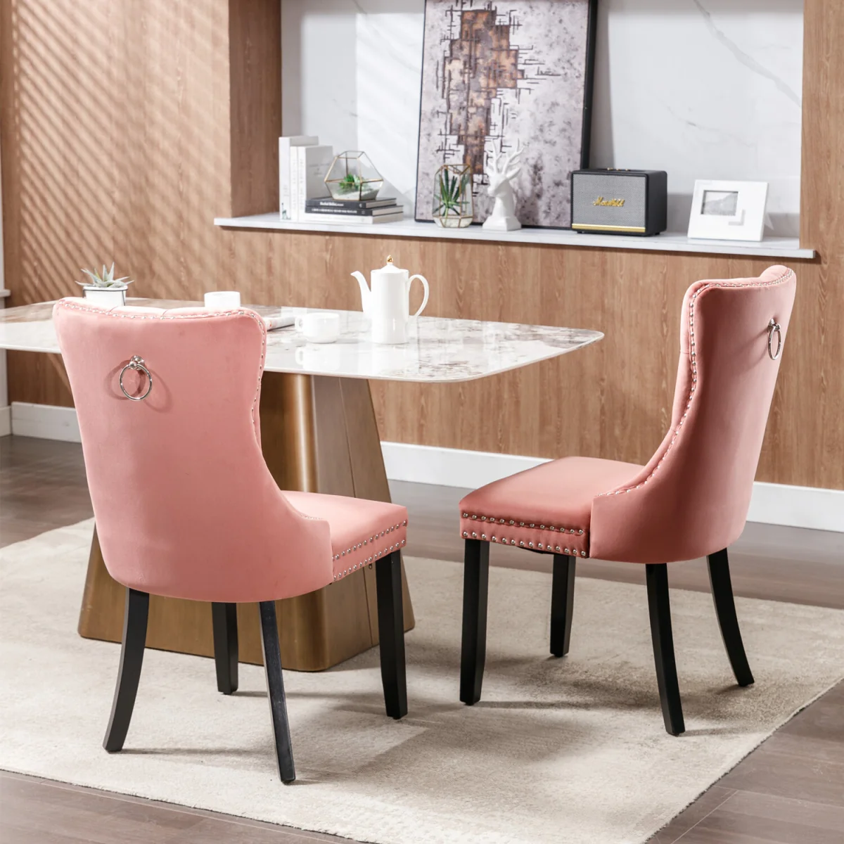 Romsey Set of 2 Velvet Upholstered Dining Chairs with Oak Legs and Knocker Ring Back - Pink – image 2