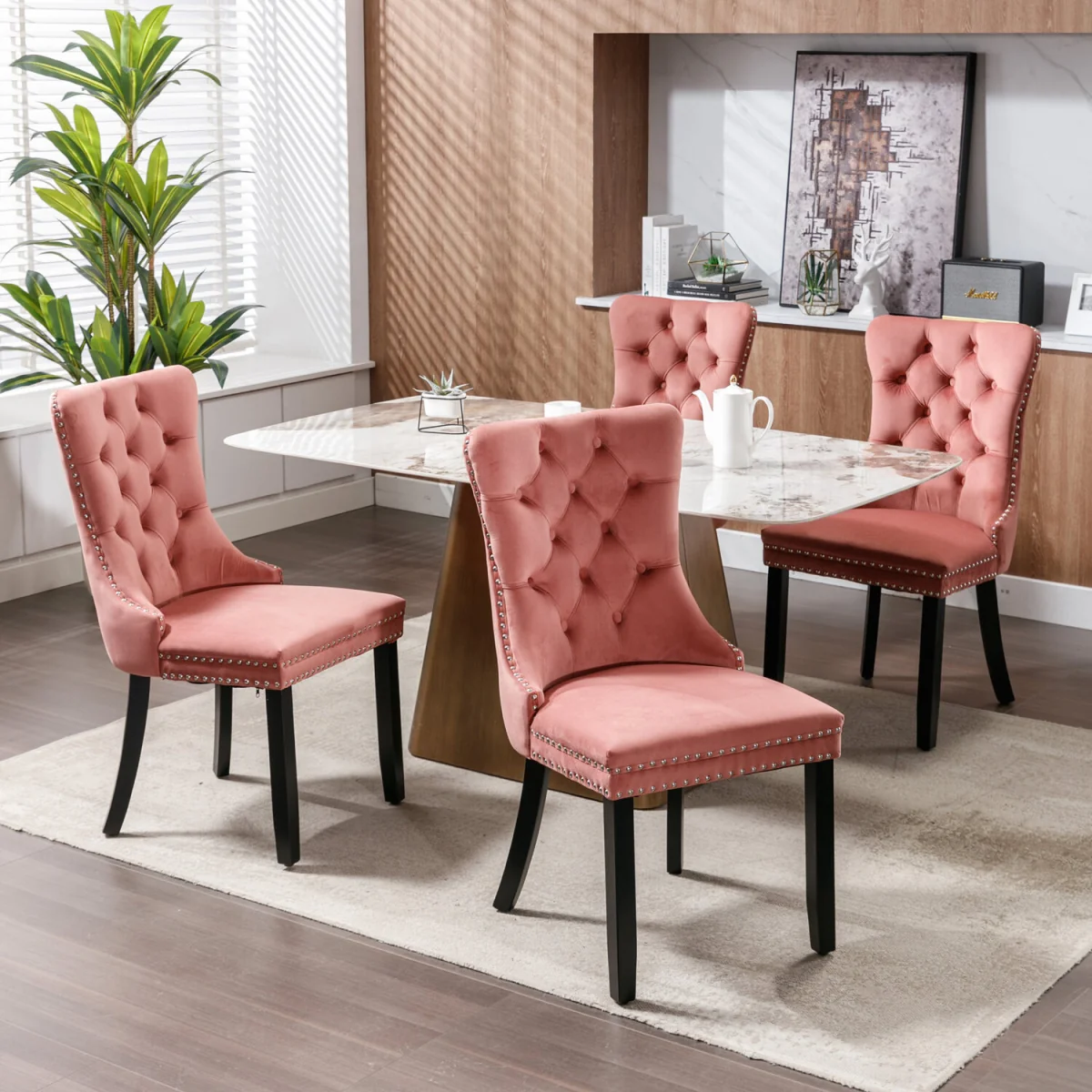 Romsey Set of 2 Velvet Upholstered Dining Chairs with Oak Legs and Knocker Ring Back - Pink – image 3