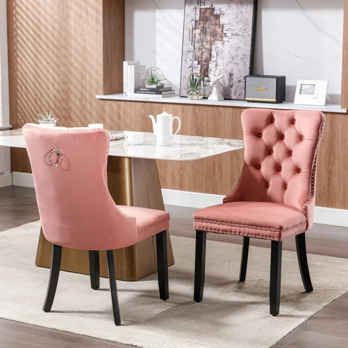 Romsey Set of 2 Velvet Upholstered Dining Chairs with Oak Legs and Knocker Ring Back - Pink – image 4
