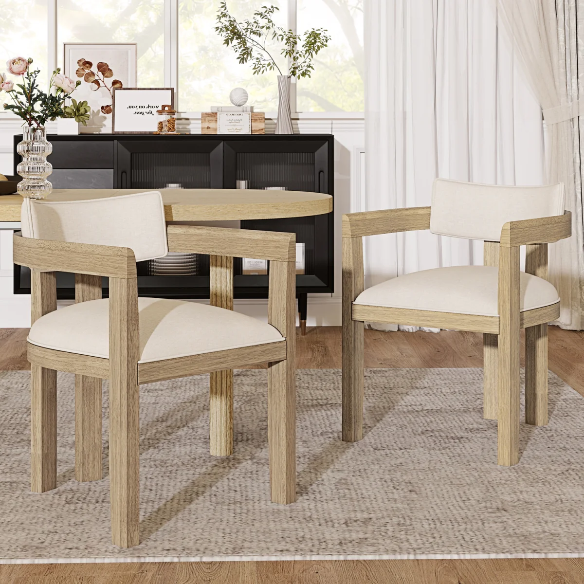 Linen Dining Chairs with Solid Wood Legs, Natural Colour, Set of 6 - Natural – image 2