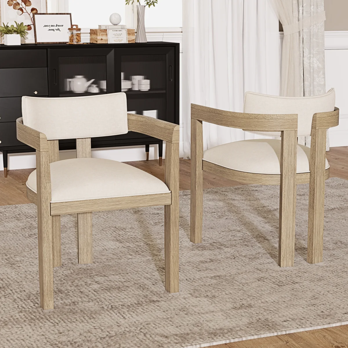 Linen Dining Chairs with Solid Wood Legs, Natural Colour, Set of 6 - Natural – image 3