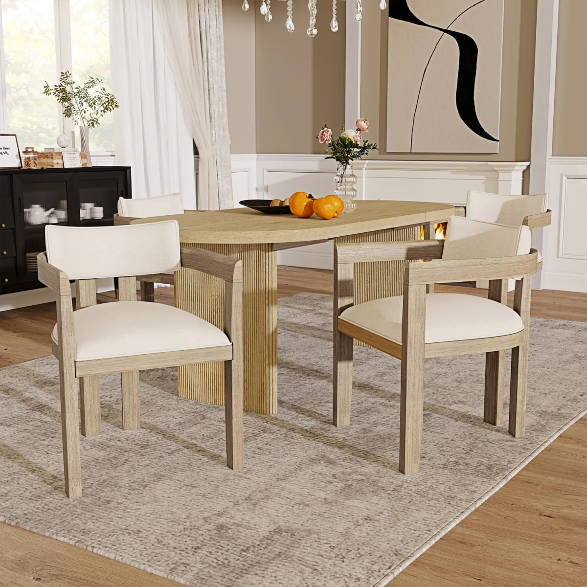 Linen Dining Chairs with Solid Wood Legs, Natural Colour, Set of 6 - Natural – image 4