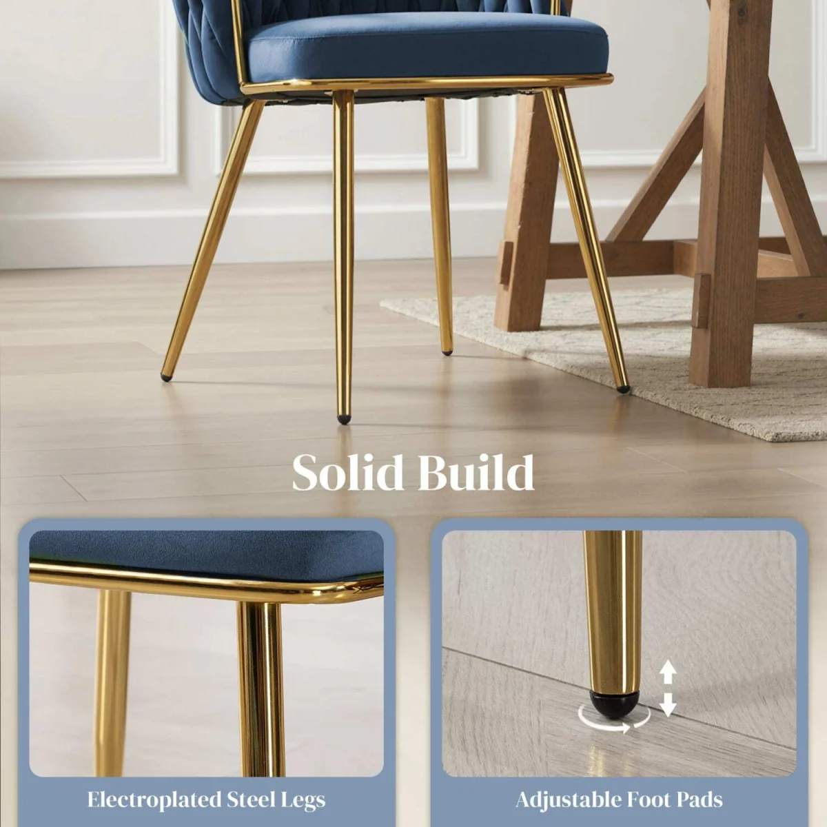 Sosura Set of 2 Dark Blue Velvet-Feel Dining Chairs with Woven Back and Arms – image 2