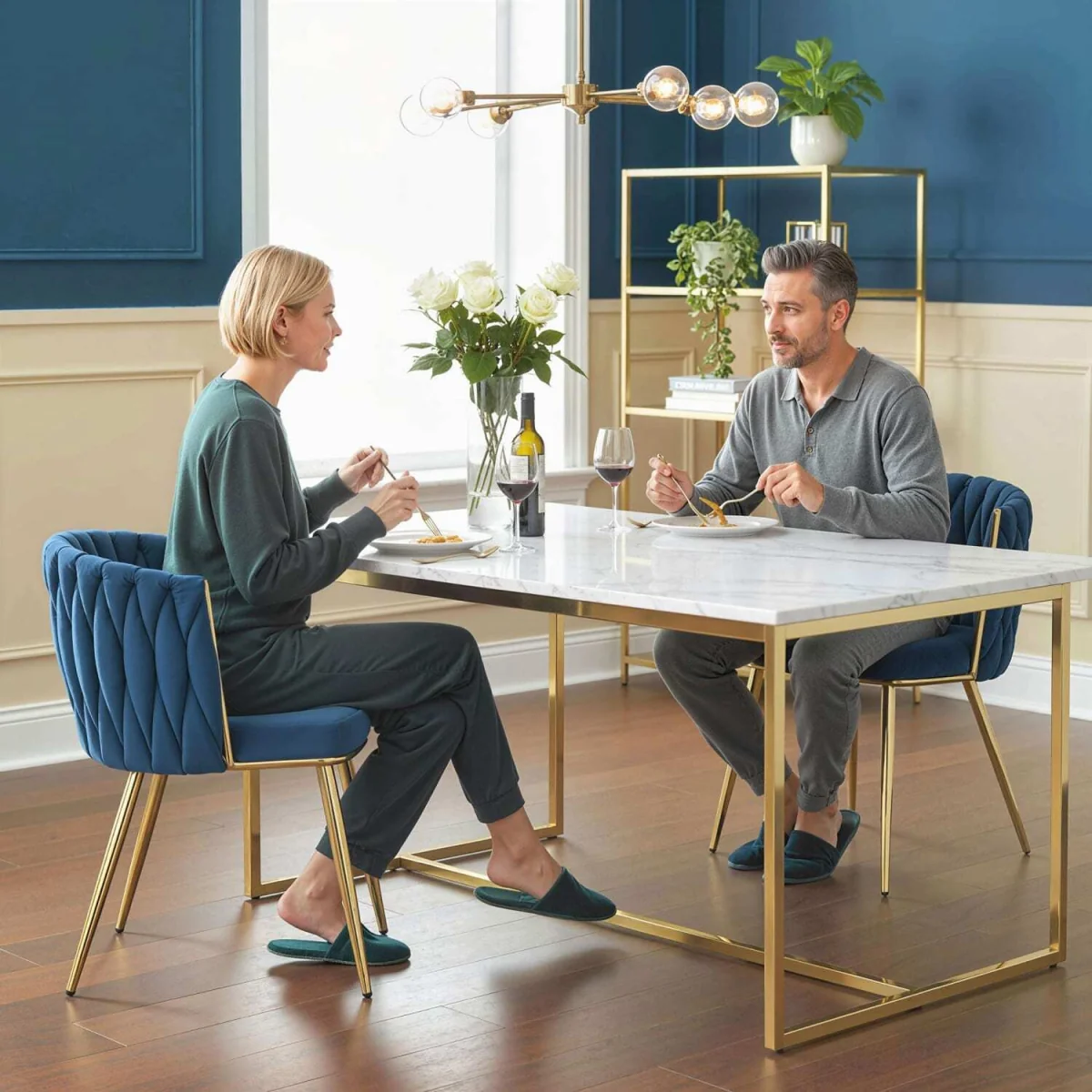 Sosura Set of 2 Dark Blue Velvet-Feel Dining Chairs with Woven Back and Arms – image 4