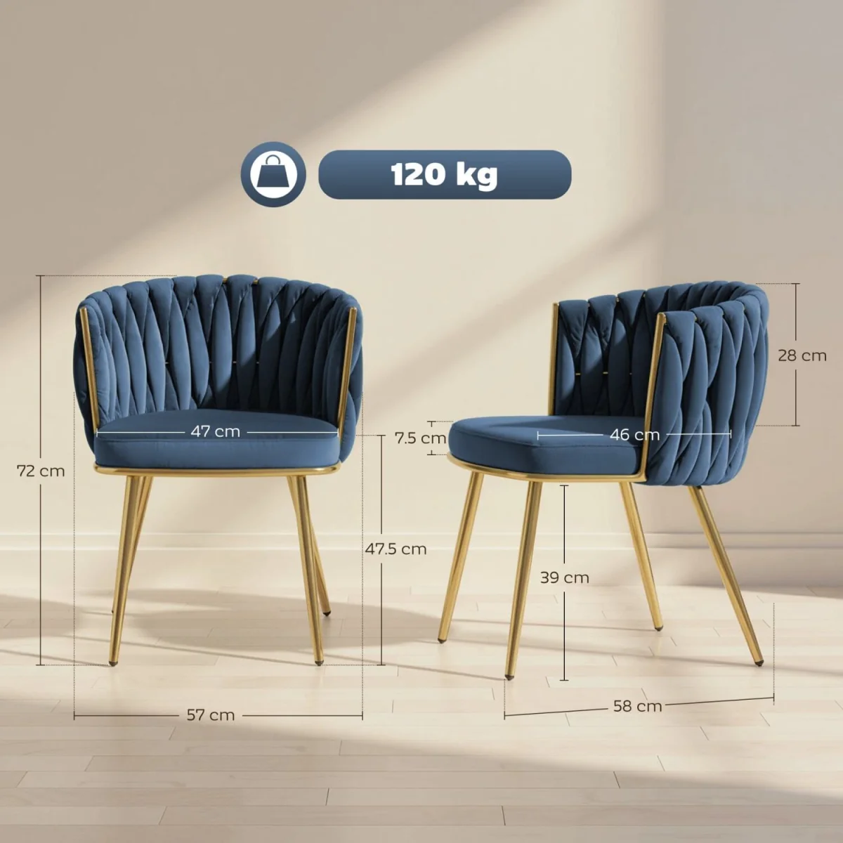 Sosura Set of 2 Dark Blue Velvet-Feel Dining Chairs with Woven Back and Arms – image 5