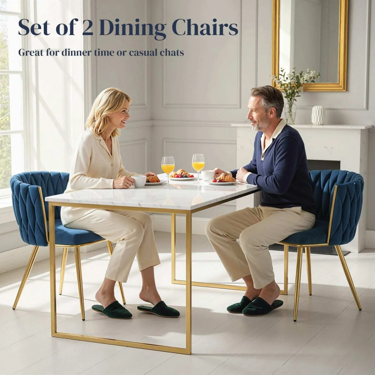 Sosura Set of 2 Dark Blue Velvet-Feel Dining Chairs with Woven Back and Arms – image 6