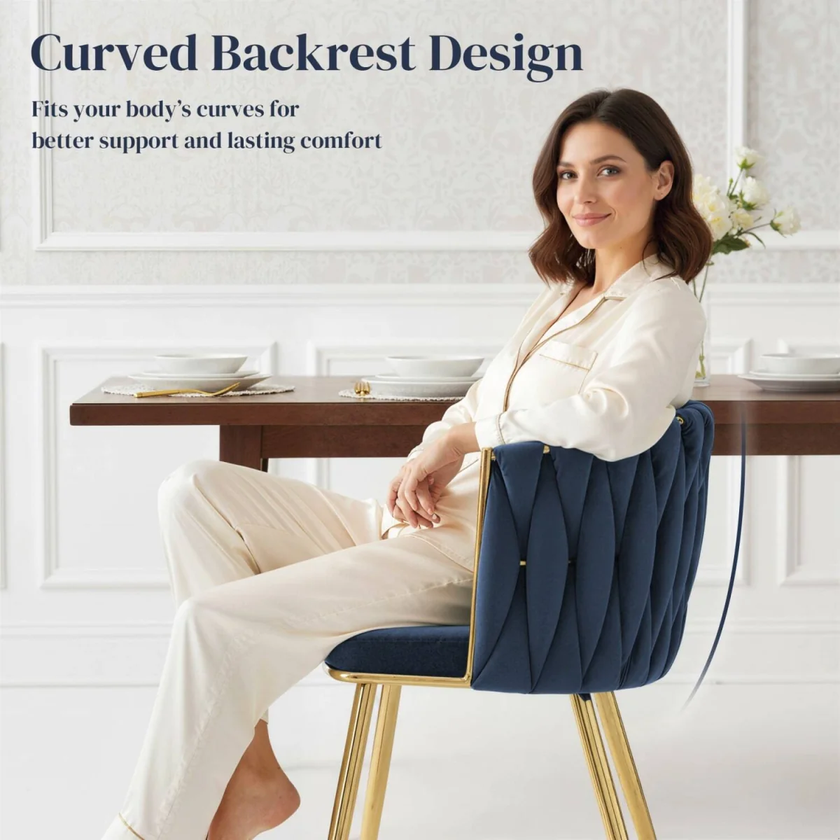 Sosura Set of 2 Dark Blue Velvet-Feel Dining Chairs with Woven Back and Arms – image 7