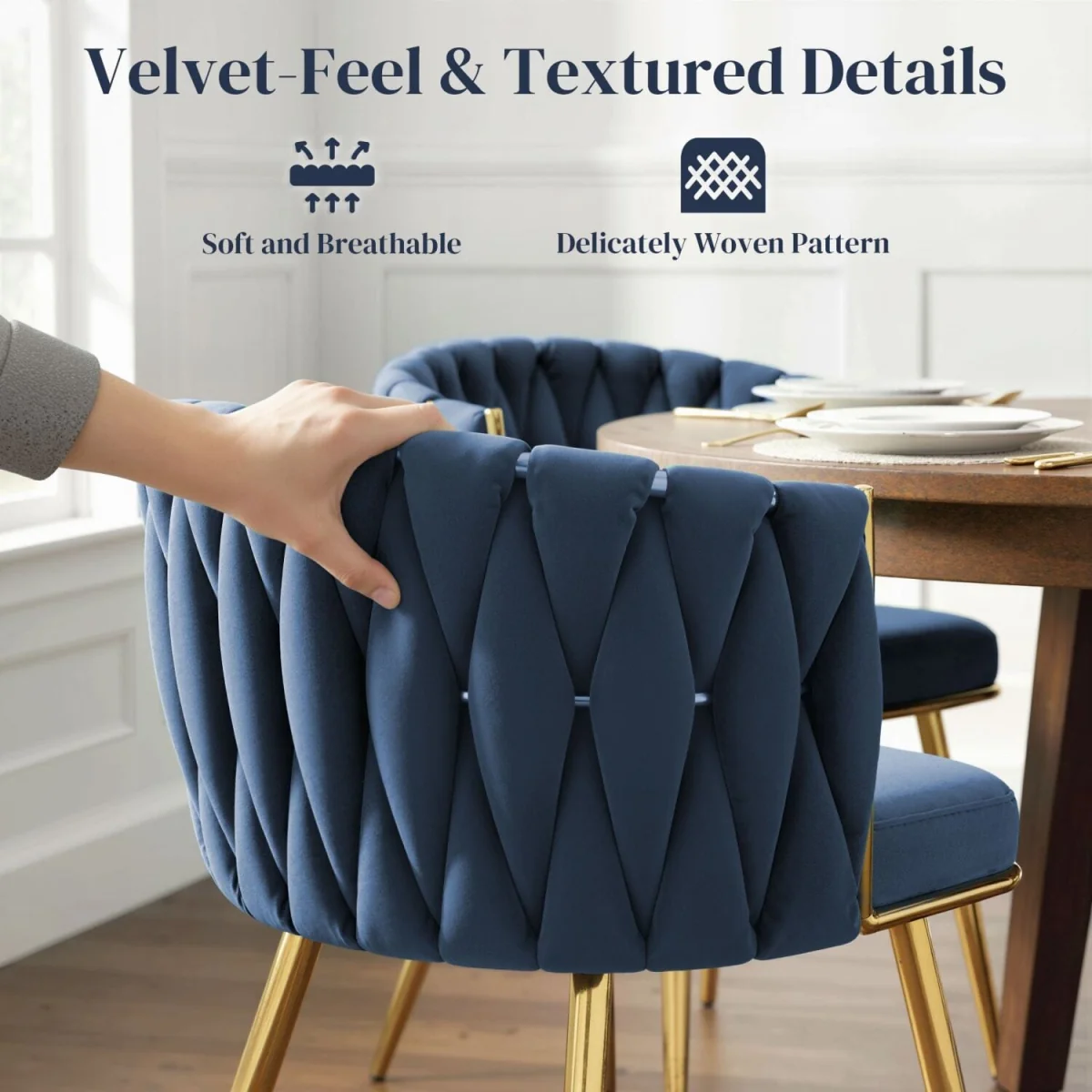Sosura Set of 2 Dark Blue Velvet-Feel Dining Chairs with Woven Back and Arms – image 8