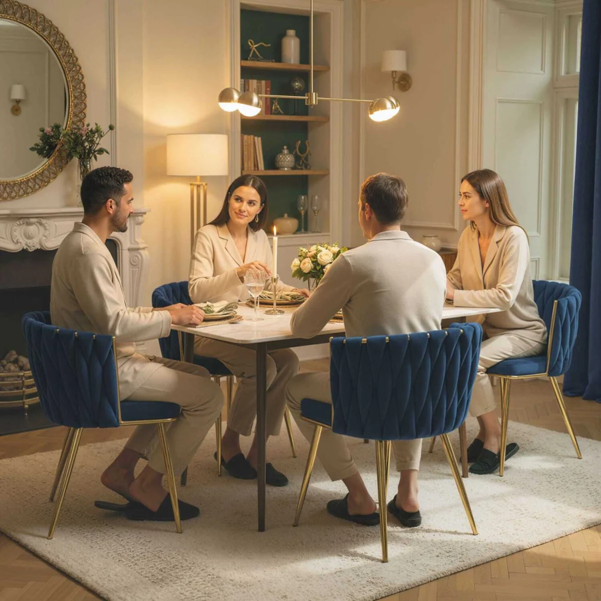 Sosura Set of 2 Dark Blue Velvet-Feel Dining Chairs with Woven Back and Arms – image 9